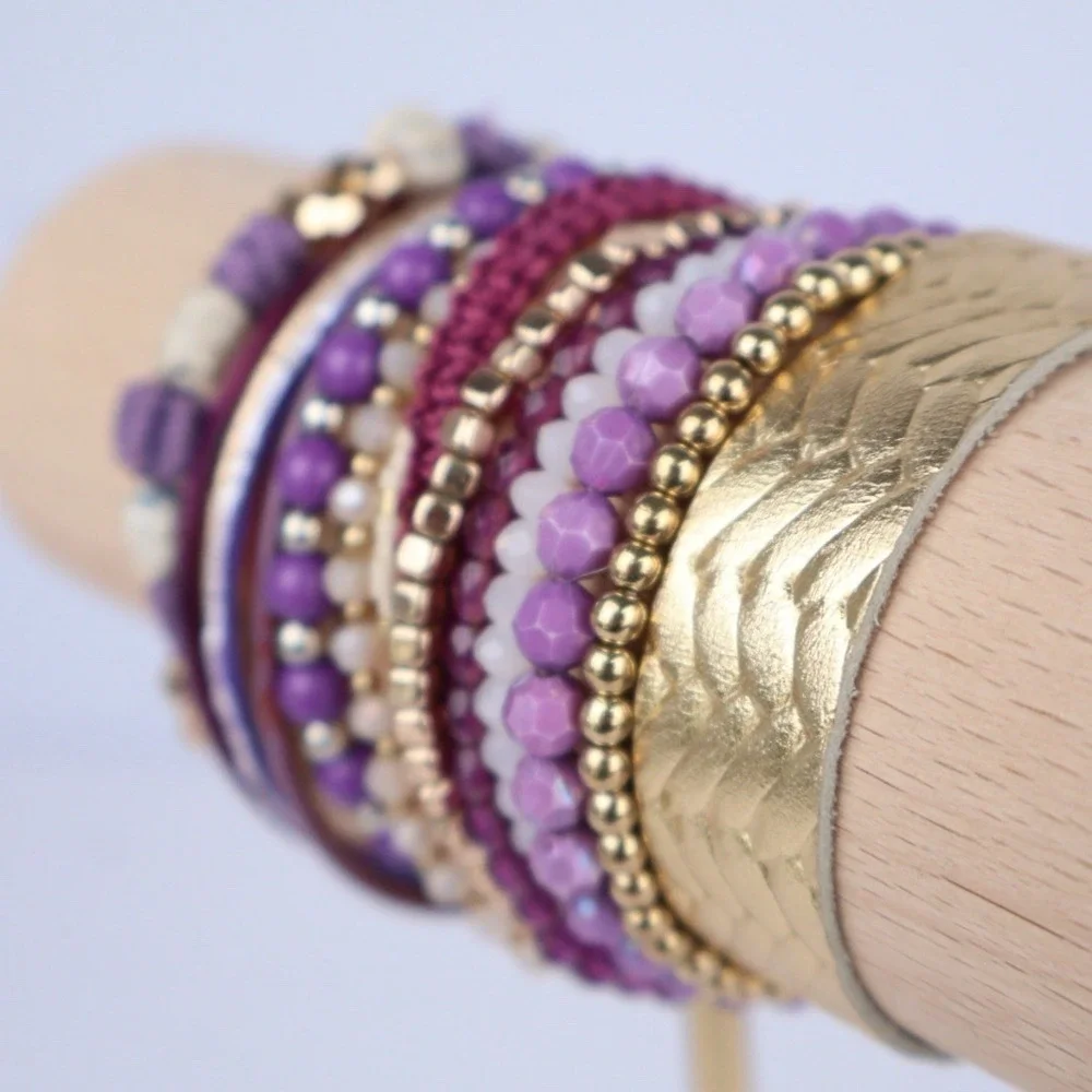 Women Bracelet Stack (15) Bangle Beaded Woven Stretch Purple Gold‎ Leather Stone